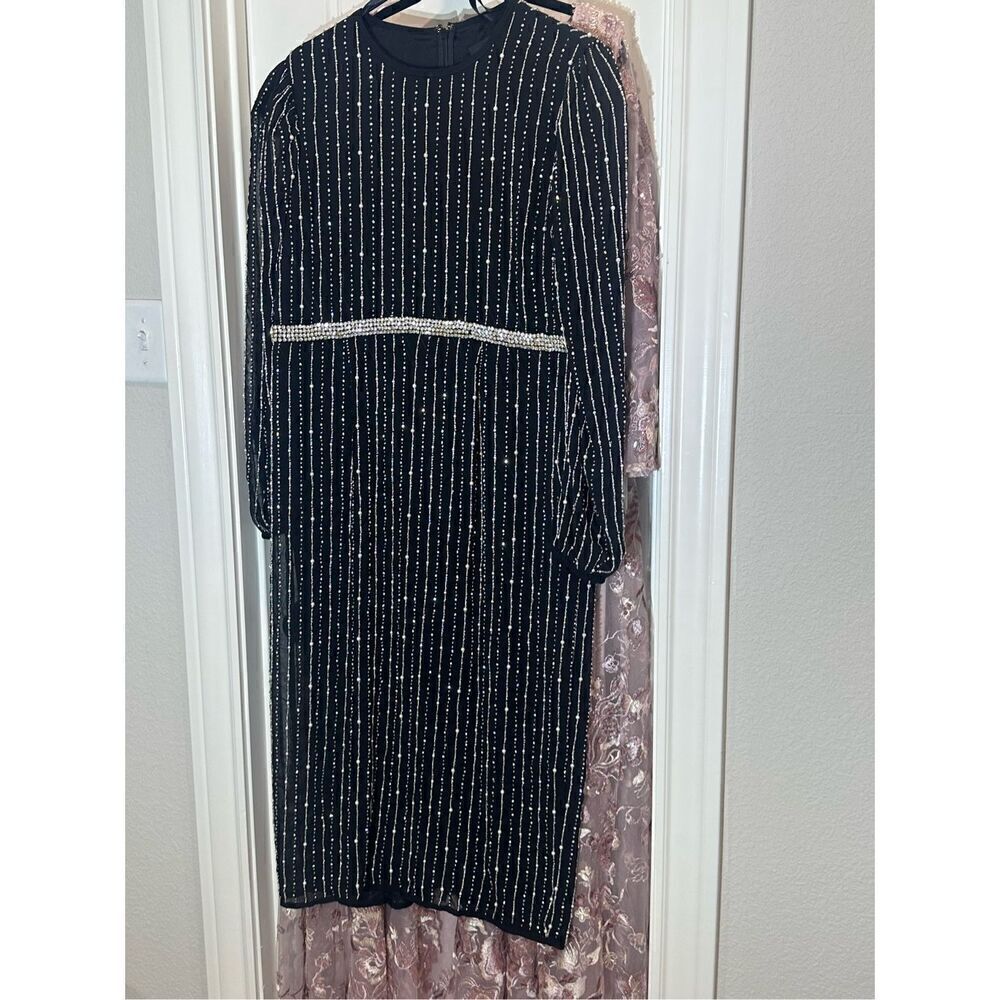 Mac Duggal NWT size 16 long sleeve beaded black midi dress READ NOTES style 9362 - Picture 9 of 16